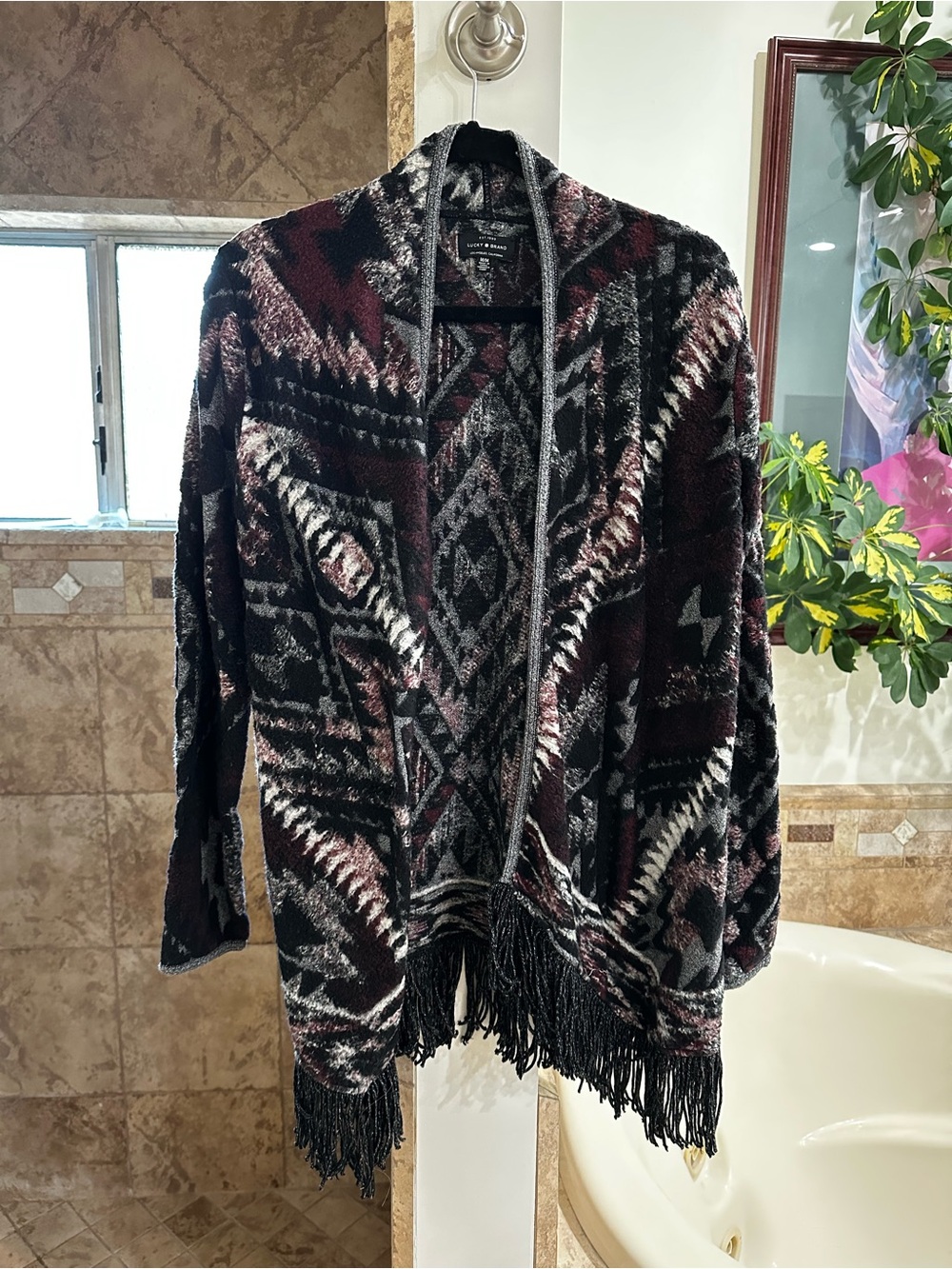 Vintage Lucky Brand Southwestern Aztec Fringe Open Front Knit Cardigan Sweater M